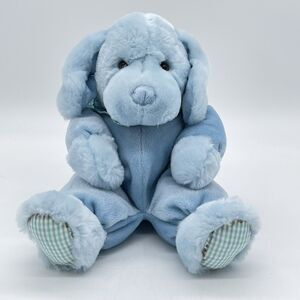 Vintage Russ Berrie Baby Blue Puppy Dog Dexter Rattle Plush Striped Gingham Paws